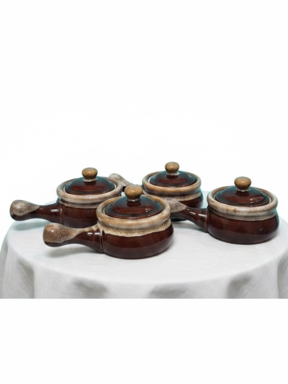 Vintage French Onion Soup Bowls with Lids Set of 4, Brown Drip Glaze Stoneware
